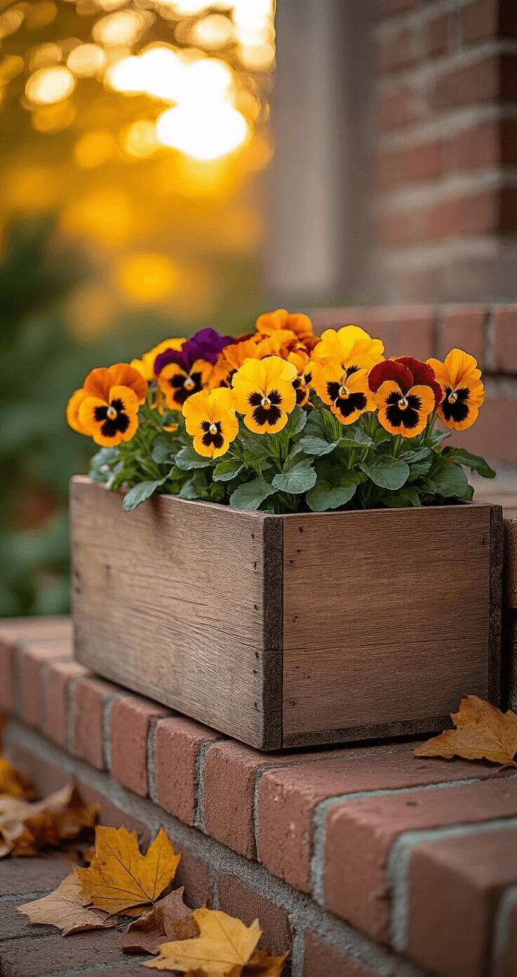 Low-angle shot of a rustic wooden box on brick steps, filled with decorative rainbow chard and golden yellow pansies, surrounded by fallen autumn leaves in warm afternoon light.