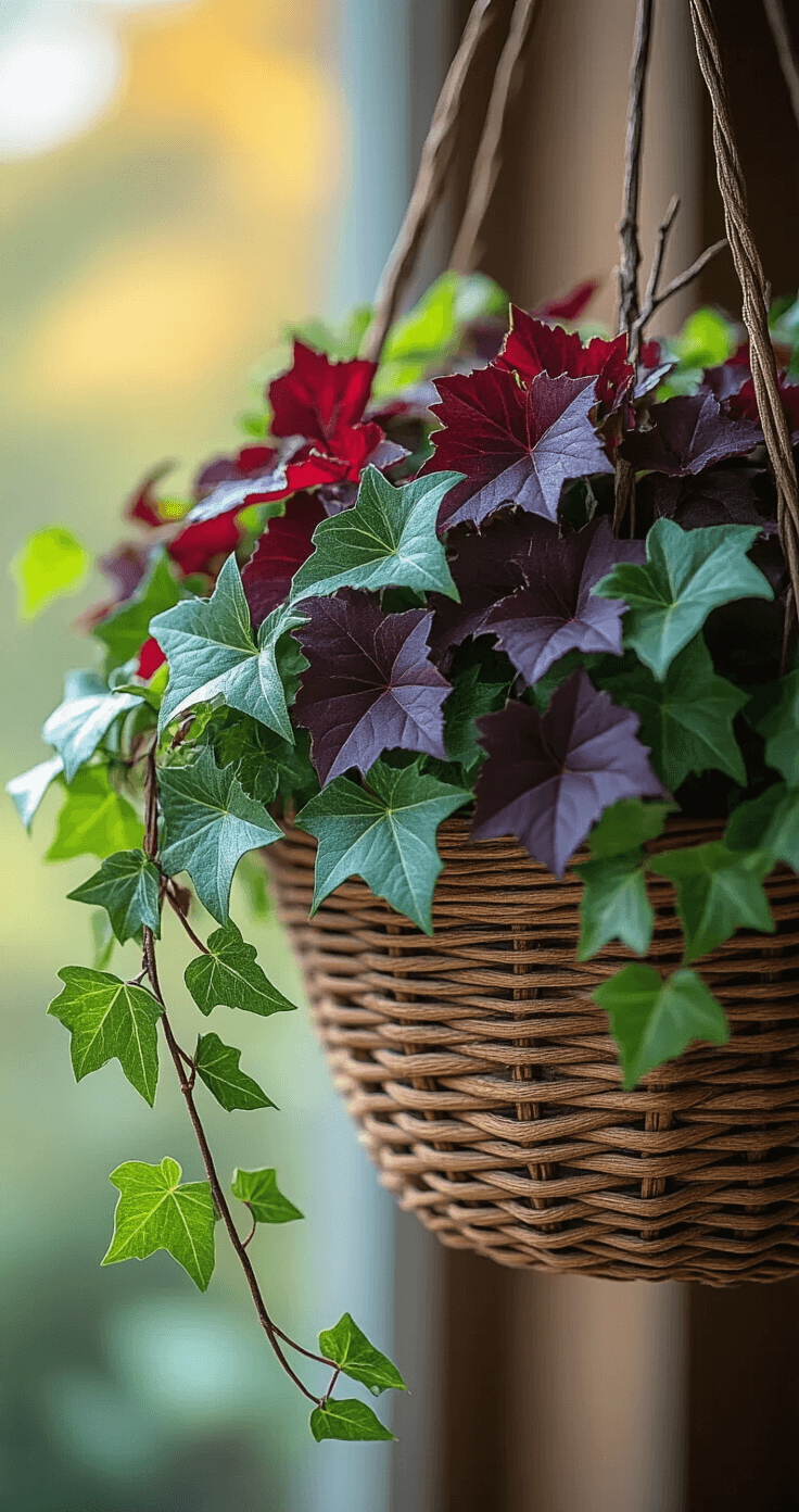 Close-up of a woven hanging basket arrangement featuring trailing ivy and burgundy heuchera, with deep burgundy and forest green hues, accented by dried branches, all captured in soft filtered natural light for a cozy autumn feel.