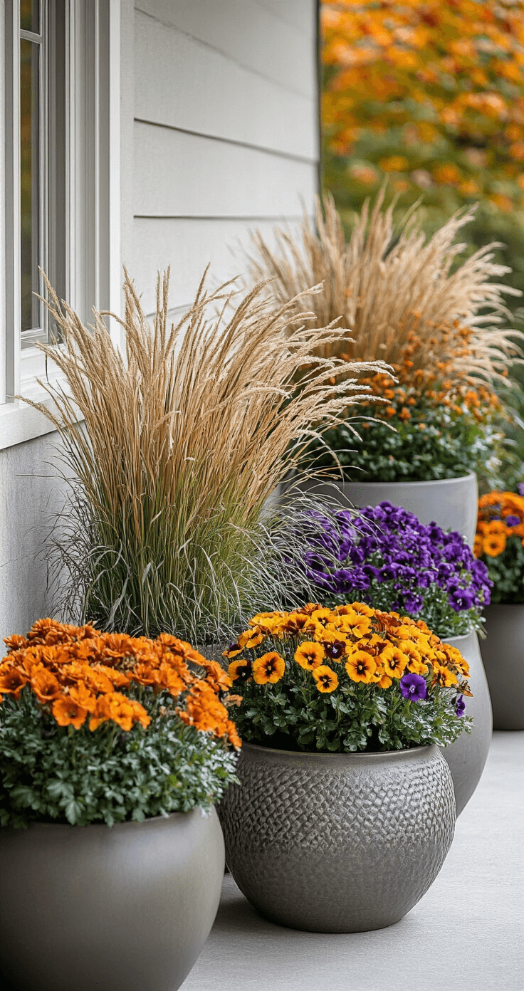 Three decorative outdoor planters with ornamental grasses, mums, and violas in rich autumn colors, set on a covered patio with soft overcast lighting.