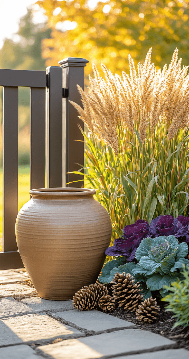 Ground-level view of a large ceramic urn next to a garden gate, illuminated by morning golden light, featuring tall ornamental millet and ornamental cabbage in deep purple and burnt orange hues, with pinecones scattered around for added texture.