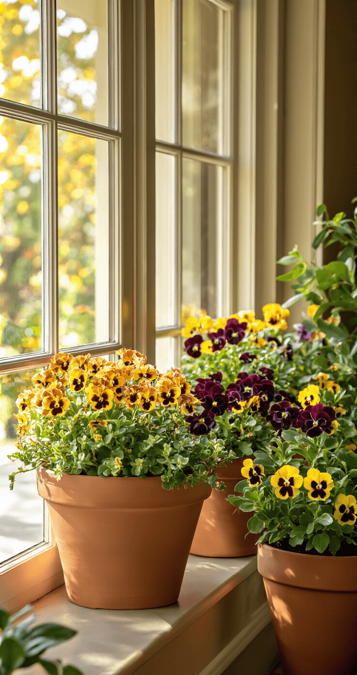 Interior view through a window showcasing a cozy porch featuring terracotta planters filled with sedum and pansies in golden yellow and deep burgundy hues, with warm indoor lighting contrasting the cool outdoor light, and capturing glass reflection effects that enhance the indoor-outdoor connection.