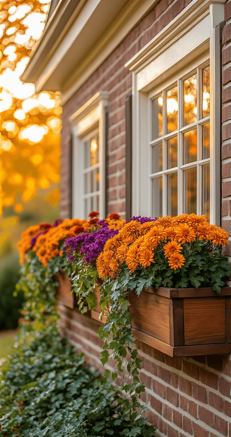 Wide-angle shot of a charming cottage with vibrant fall window boxes filled with orange chrysanthemums, purple ornamental kale, and red celosia, bathed in warm amber sunlight during golden hour. The rustic wood boxes, featuring rich mahogany stain and trailing ivy, contrast beautifully with the cream-colored window trim and weathered brick siding, accented by soft shadows from autumn leaves.