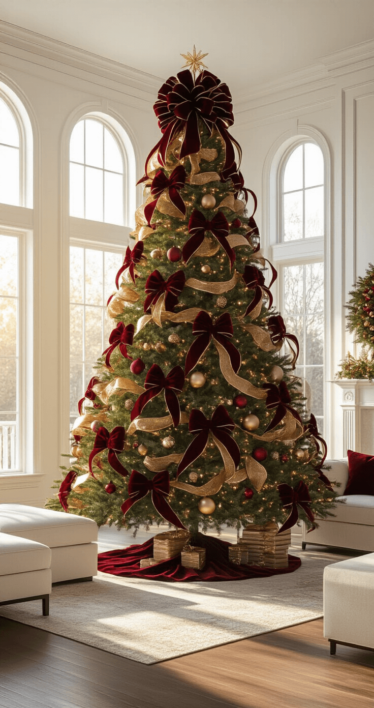 Photorealistic wide shot of a 9-foot Fraser fir Christmas tree adorned with burgundy velvet and gold metallic ribbon bows in a spacious living room, featuring tall windows and hardwood floors, with golden hour sunlight casting warm shadows.