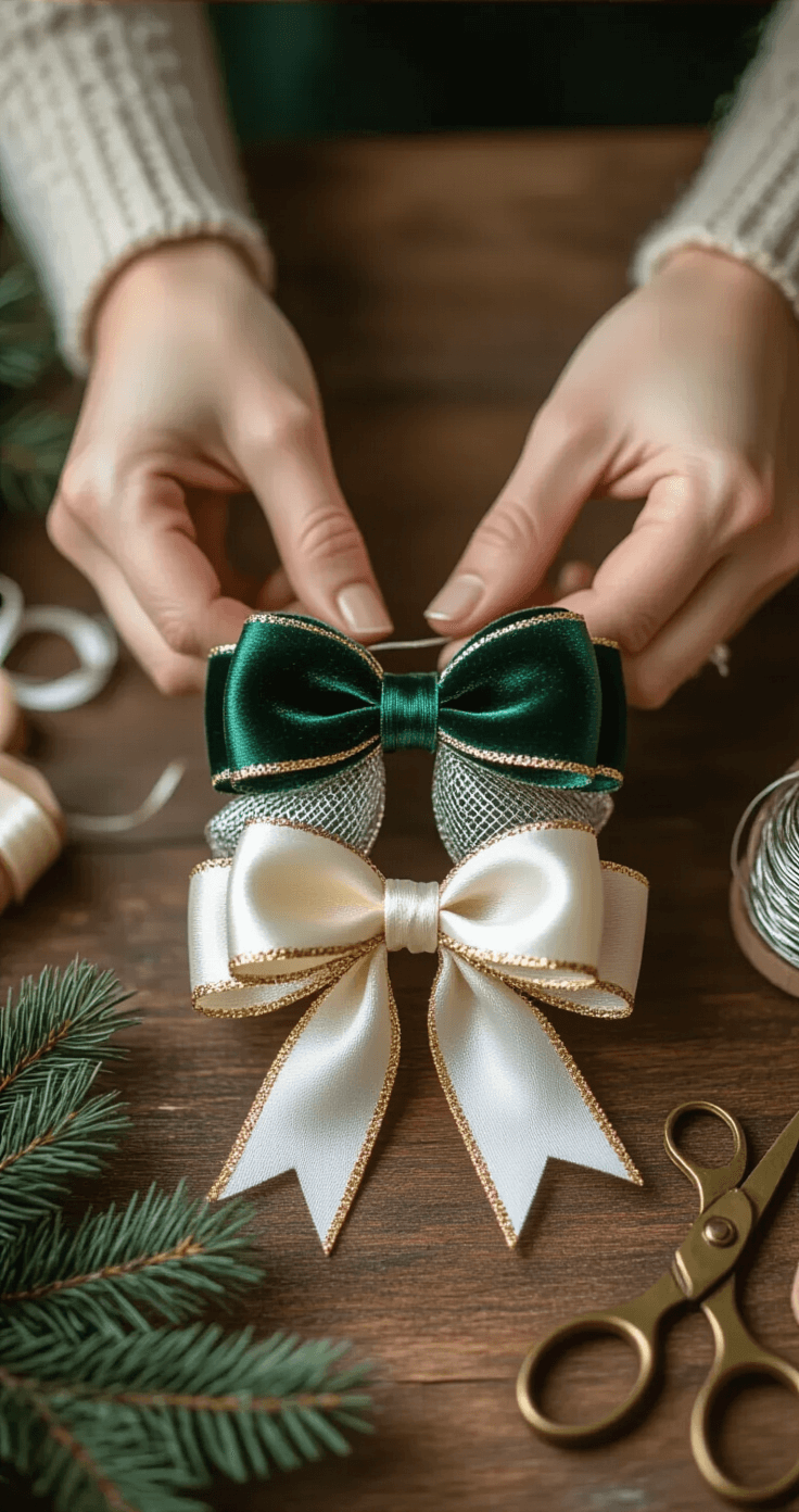 Close-up of hands assembling a stacked Christmas bow with emerald velvet, silver metallic mesh, and cream satin ribbons on a rustic wooden table, illuminated by natural light. The scene includes floral wire, pipe cleaners, ribbon scraps, and pine boughs, with nine loops ready for final assembly and vintage brass scissors nearby, creating a warm, cozy crafting atmosphere.