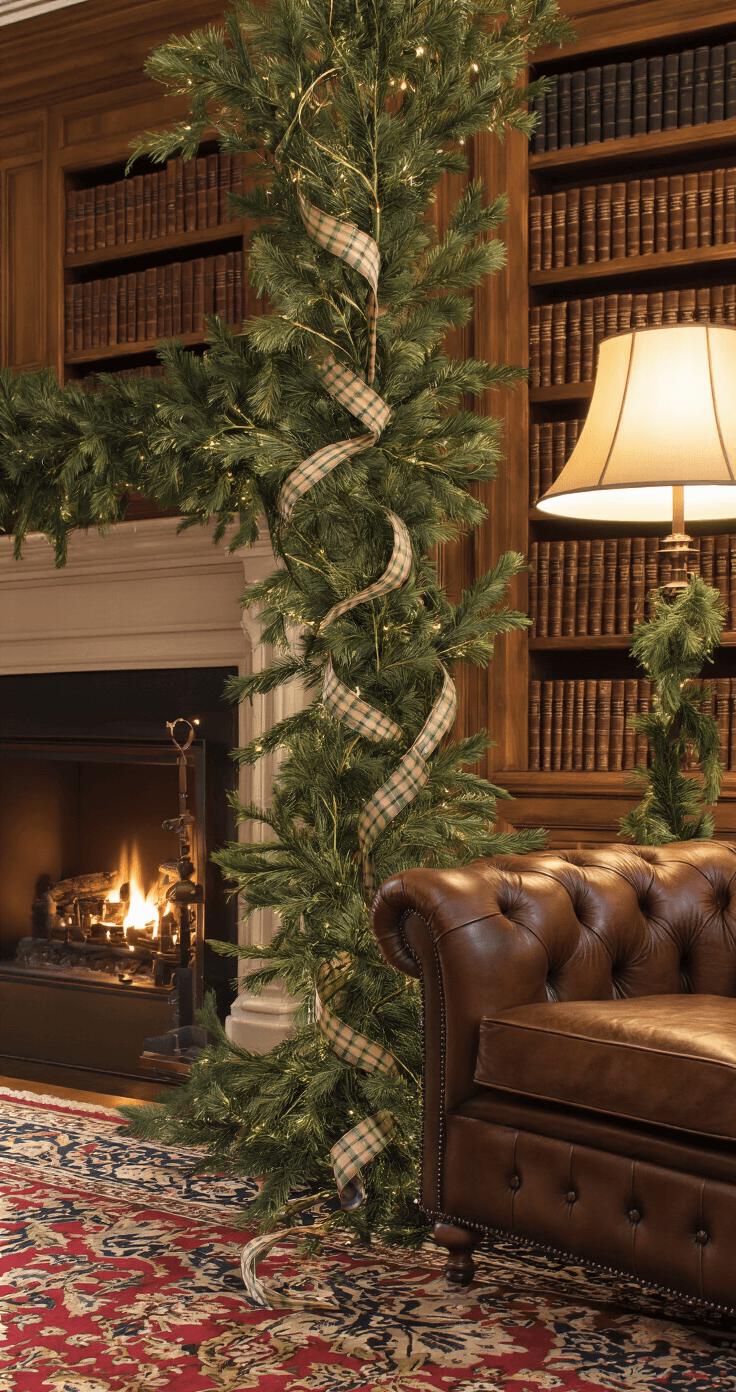 Elegant living room featuring a 7.5-foot noble fir adorned with a wide plaid ribbon in forest green and gold, set against a cozy evening ambiance with warm table lamp lighting and a flickering fireplace, complemented by a traditional leather Chesterfield sofa and a Persian rug, captured from a low angle to highlight the graceful ribbon flow through the tree.