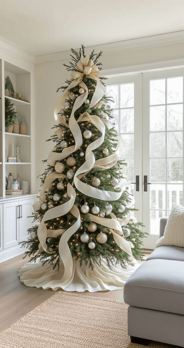 Bright family room featuring a Douglas fir tree adorned with ivory and champagne organza ribbons, illuminated by afternoon sunlight through French doors. Modern white built-ins display festive decor, while a gray sectional with cream pillows invites casual elegance. Glass ornaments in mercury silver reflect light, and long ribbon tails cascade over a natural jute rug.
