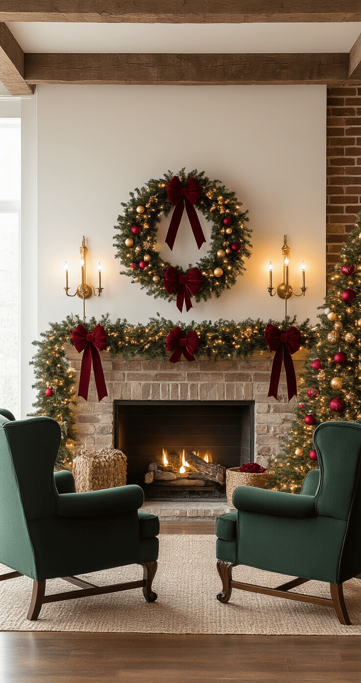 A cozy holiday den featuring a 6.5-foot balsam fir adorned with deep burgundy and gold bows, jewel-toned ornaments, and warm lighting from sconces and string lights. Traditional wingback chairs in hunter green flank a stone fireplace decorated with garland, amidst exposed wooden beams and a rustic brick wall. The scene captures an inviting, festive atmosphere.