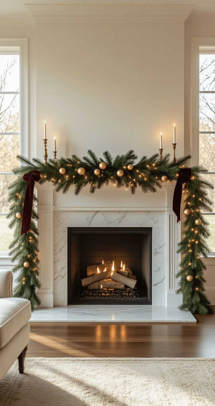 Elegant living room mantel with a lush pine garland, warm LED lights, and rich burgundy velvet ribbon, showcasing gold ornaments and vintage brass candlesticks, captured in soft golden hour light.