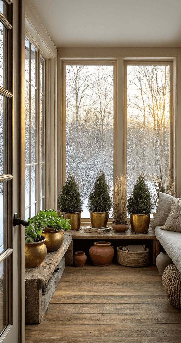 Photorealistic sunroom interior during golden hour with floor-to-ceiling windows showcasing a snowy landscape, featuring weathered wood floors, vintage brass planters with evergreen shrubs and ornamental grasses, warm honey lighting blending with cool daylight, textured ceramics on reclaimed wood shelving, and a cozy reading nook, evoking an intimate winter garden sanctuary.