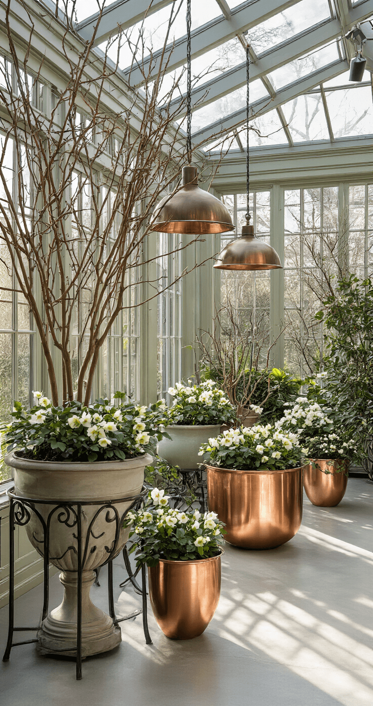 Elegant indoor conservatory featuring morning light streaming through a glass ceiling, illuminating polished concrete floors, ceramic vessels, and metallic copper planters with hellebores and winter jasmine. Sculptural bare branches in oversized urns create dramatic silhouettes, while a color palette of sage greens, warm grays, and rose gold accents enhances the luxurious winter garden vibe. Industrial pendant lighting adds sophistication to the layered plant arrangements displayed on wrought iron stands.