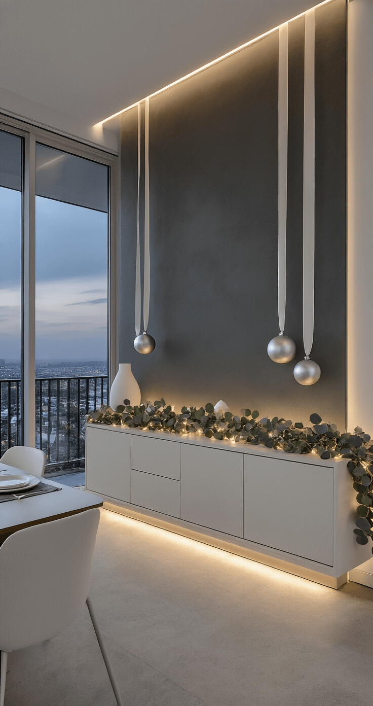 Modern dining room at dusk featuring a minimalist eucalyptus garland on a clean-lined buffet, adorned with oversized silver ornaments, enhanced by soft LED backlighting against a charcoal wall and Scandinavian furniture, showcasing a monochromatic palette of whites, silvers, and pale sage green, with cool and warm ambient lighting creating a sophisticated atmosphere.