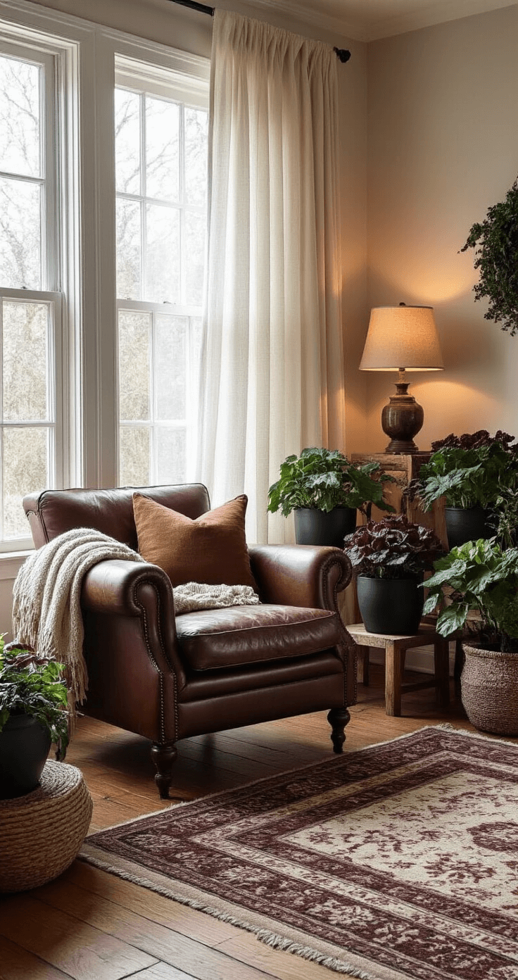 Cozy living room corner with hardwood floors and a Persian rug, featuring a vintage leather armchair and various planters filled with ornamental cabbage and witch hazel branches. Soft afternoon light filters through sheer curtains, highlighting textured blankets and warm amber lighting from table lamps, creating a serene reading nook in earthy burgundy, cream, and charcoal tones.