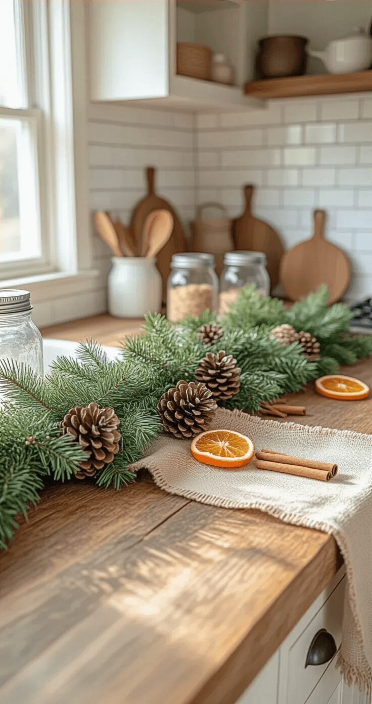 Close-up of a rustic farmhouse kitchen island adorned with a textured greenery garland featuring burlap ribbon, pinecones, dried orange slices, and cinnamon sticks. The scene includes reclaimed wood countertops, a white subway tile backsplash, and vintage mason jars, all illuminated by warm morning light from the left, creating natural shadows. The color scheme is honey and cream, complemented by galvanized metal accessories and linen tea towels, emphasizing cozy, organic styling and handmade elements.
