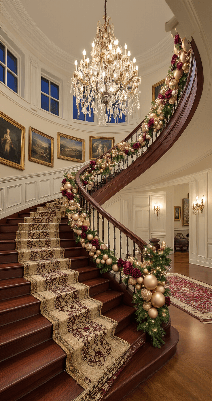 Dramatic low-angle view of an opulent grand staircase at twilight, featuring a lush garland on a mahogany banister adorned with rose gold ribbon and oversized champagne and burgundy ornaments, illuminated by a chandelier overhead and subtle layered lighting, complemented by a Persian runner and ornate iron spindles.