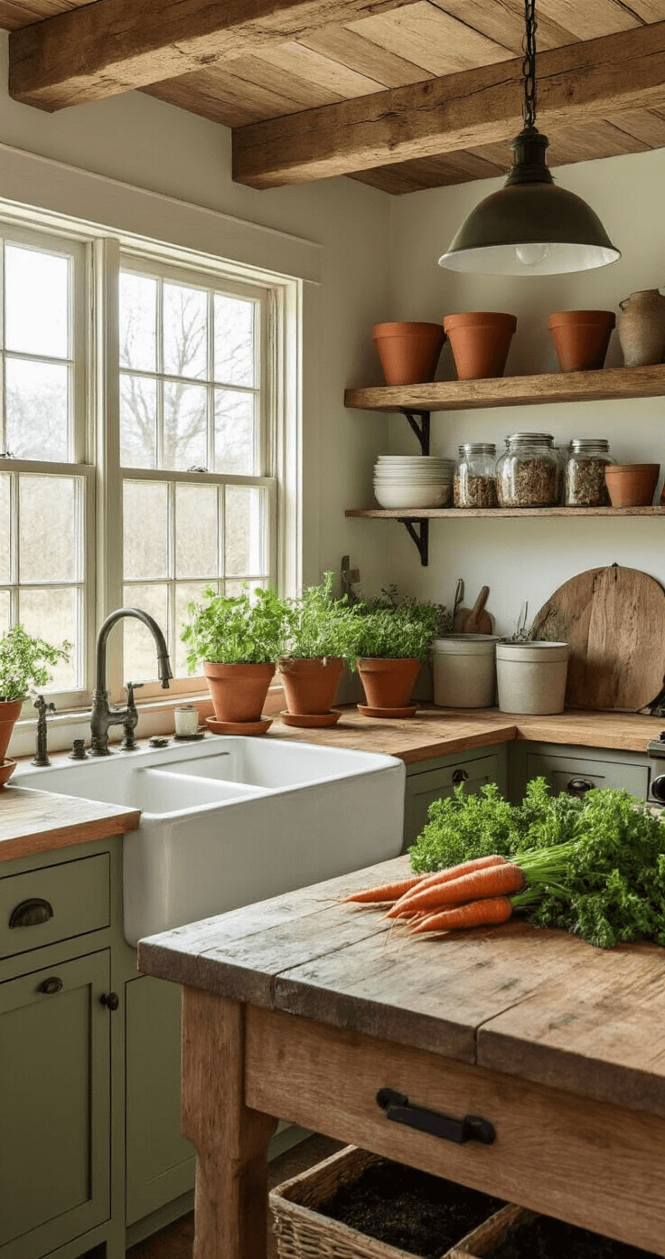 A rustic kitchen featuring a farmhouse sink and reclaimed wood countertops, showcasing terracotta pots with winter-hardy vegetables. The space is illuminated by natural morning light through an exposed beam ceiling, with a mason jar propagation station and organized gardening tools. The color palette includes sage green and warm whites, highlighted by pendant lighting over the island workspace, creating an inviting and practical indoor garden prep area.