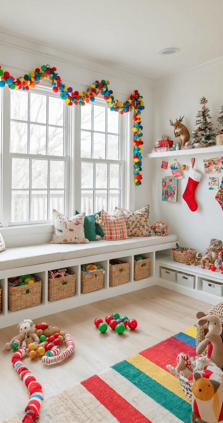 A bright and cheerful family playroom filled with colorful decorations, including a rainbow garland, mixed-size ornaments, mini stockings, and whimsical woodland creatures. The room features white built-in shelving, light oak floors, and large windows that fill the space with natural light. Toy baskets and children's artwork add to the vibrant, fun atmosphere, showcasing a joyful and magical environment for kids.