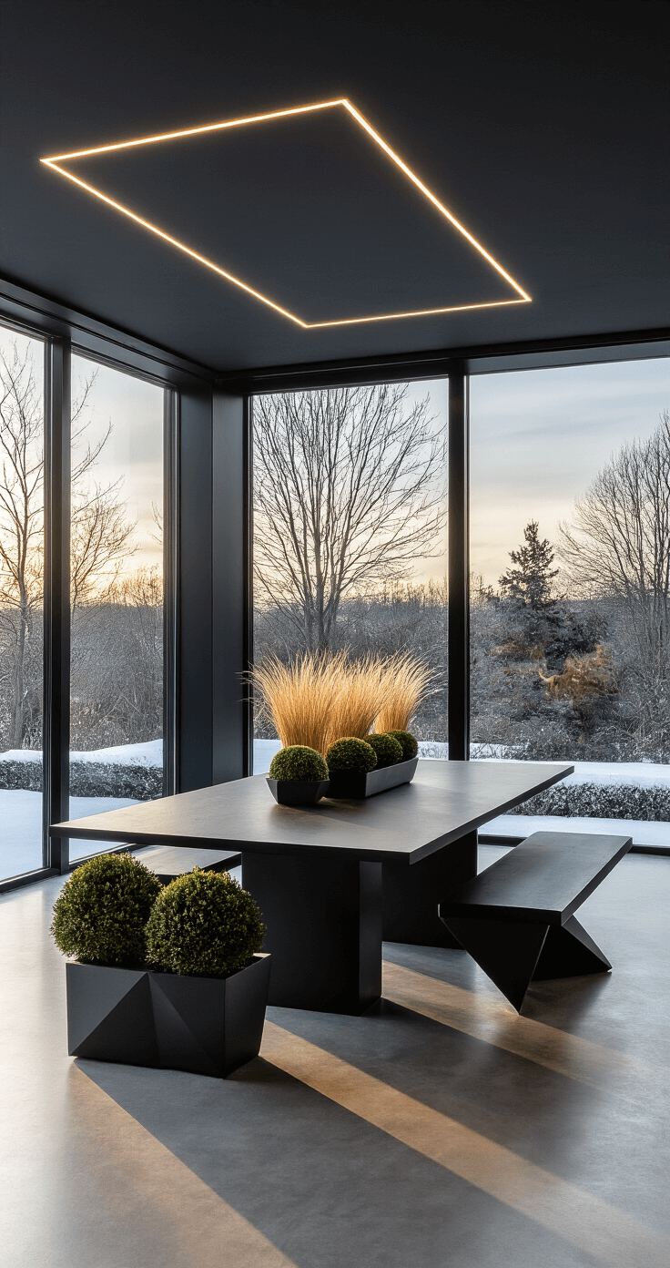 Modern minimalist dining room at sunset with large windows overlooking a winter landscape, featuring polished concrete floors, a sleek black dining table, geometric planters with evergreen shrubs, and dramatic uplighting on ornamental grasses. The space has a monochromatic palette of blacks, whites, and steel grays, accented by green plants, clean lines, sculptural vessels, and decorative stones, all captured from a low camera angle to emphasize architectural details and plant arrangements.