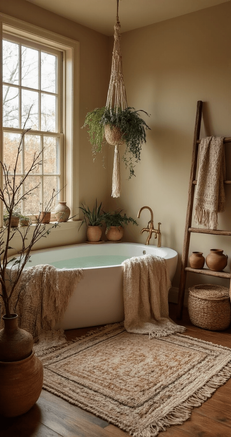 Cozy Bohemian bedroom corner with warm evening light, featuring textured rugs, macrame plant hangers, a vintage ladder with ceramic containers, and rich earthy colors, enhancing a dreamy retreat vibe.