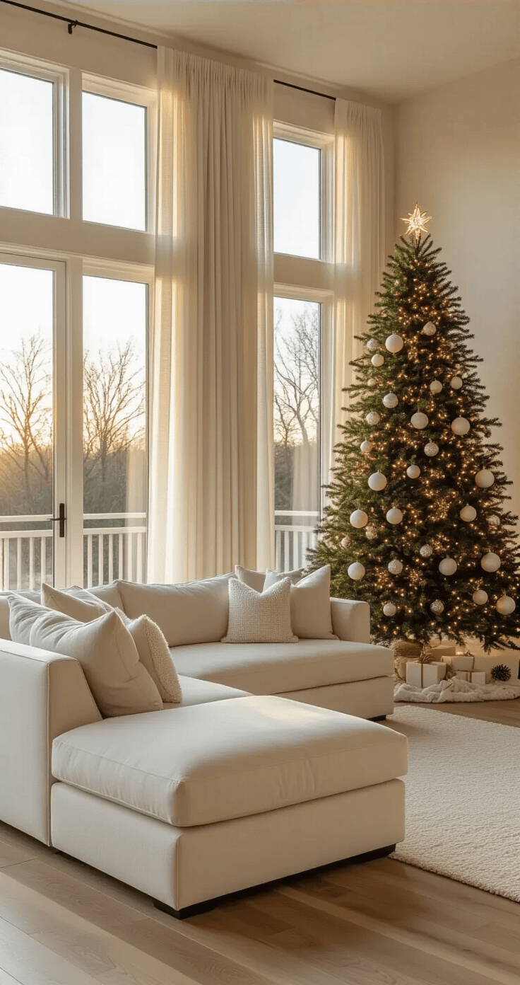 Wide-angle shot of a modern living room at golden hour, featuring a cream sectional sofa and a beautifully decorated Fraser fir Christmas tree beside floor-to-ceiling windows, with soft light illuminating oversized white ornaments and natural decor against warm, cozy hues.