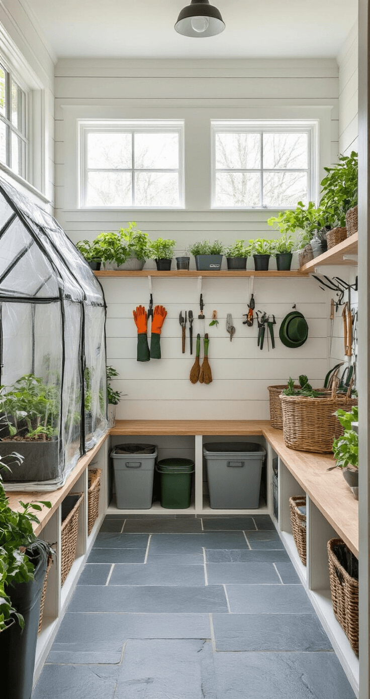 A spacious mudroom entryway featuring built-in storage, transom windows allowing natural light, slate tile flooring, and white shiplap walls adorned with plant covers and gardening supplies. A portable greenhouse structure is visible along with an organized winter survival toolkit on hooks, functional containers for moisture meters, gloves, and pruning shears, all highlighted by a fresh color palette and overhead lighting.