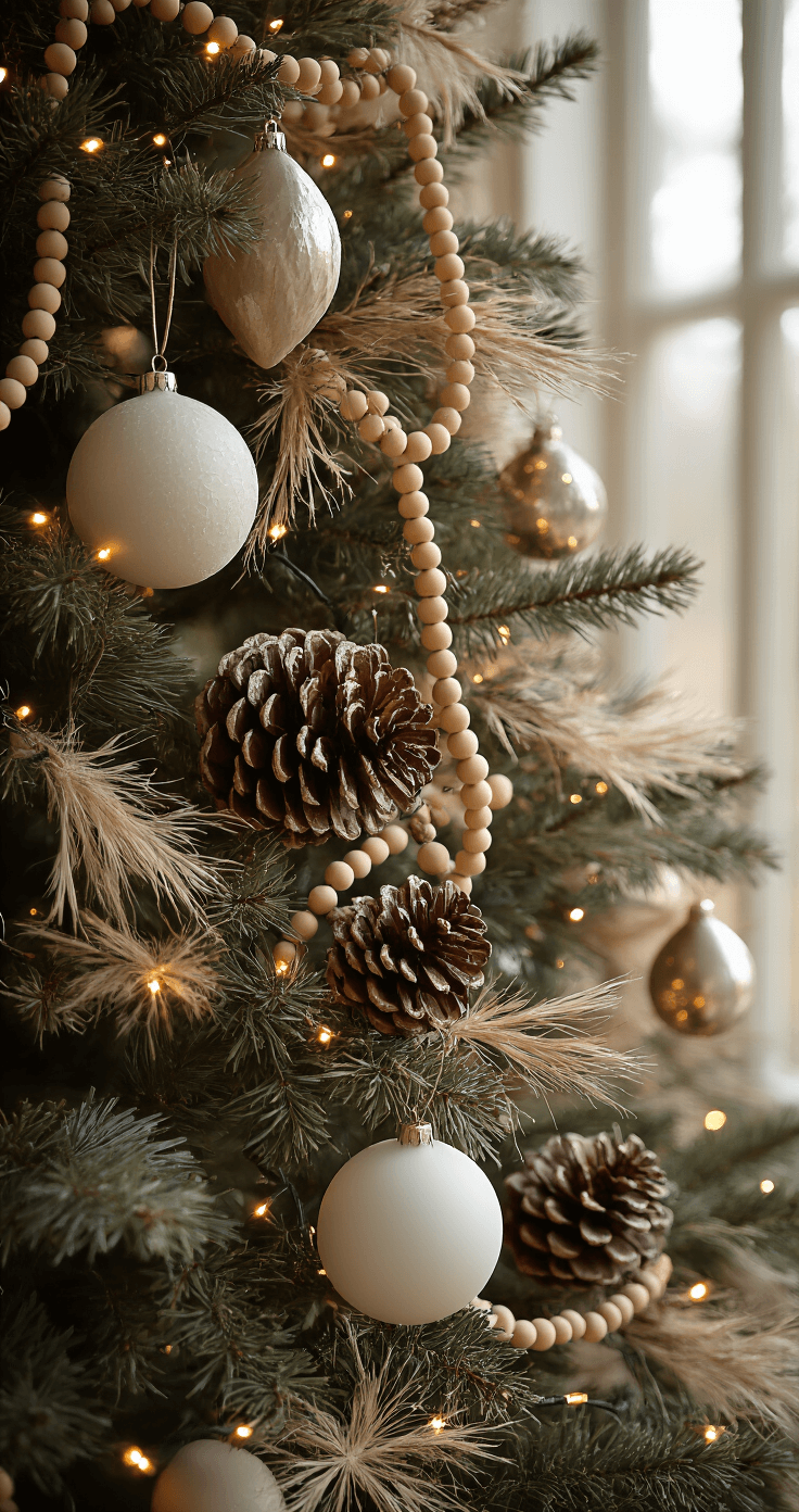 Close-up shot of a Christmas tree mid-section, showcasing layered natural materials like wood bead garlands, frosted pinecones, and delicate dried grass picks, amidst oversized white ornaments and mercury glass tear-drop ornaments. Warm white LED lights woven into branches create a soft glow, all set against rich brown bark in a natural color palette.