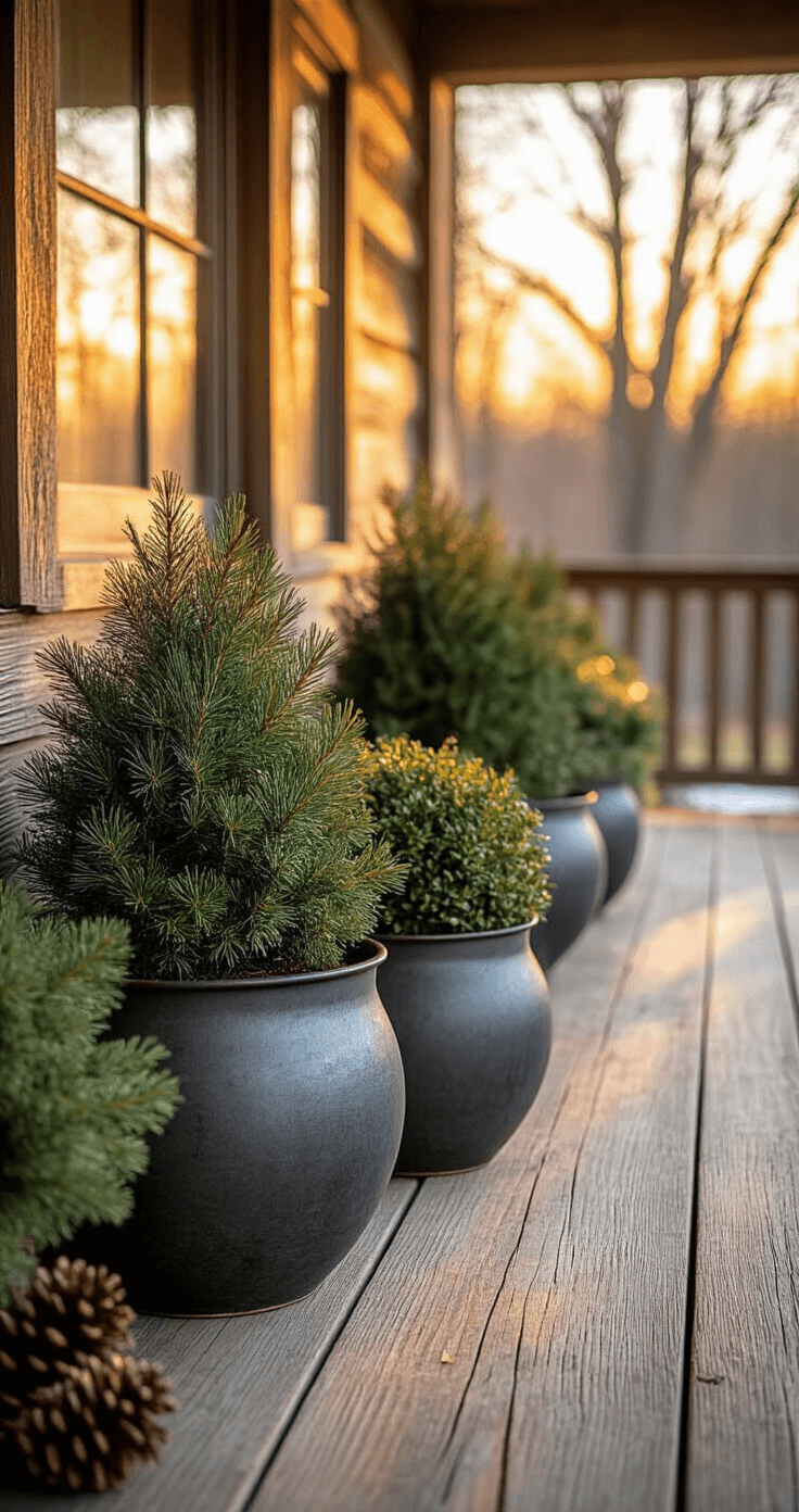 A rustic wooden front porch at golden hour features frost-resistant ceramic and galvanized metal planters filled with lush juniper, boxwood, and pine. Warm amber light filters through bare branches, casting shadows on weathered deck boards, while steam rises from the containers in the crisp air. Natural details include scattered pine cones and twigs.