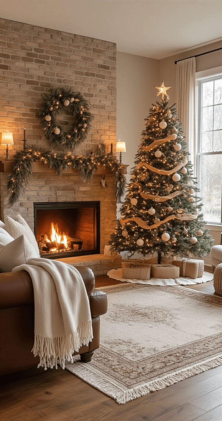Three-quarter view of a cozy family room in the evening, featuring a neutral Christmas tree by a stone fireplace, decorated with natural pinecones and oversized felt ornaments. The ambient lighting casts a warm glow on the exposed brick wall, while a vintage Persian rug and leather sofa complete the inviting atmosphere.