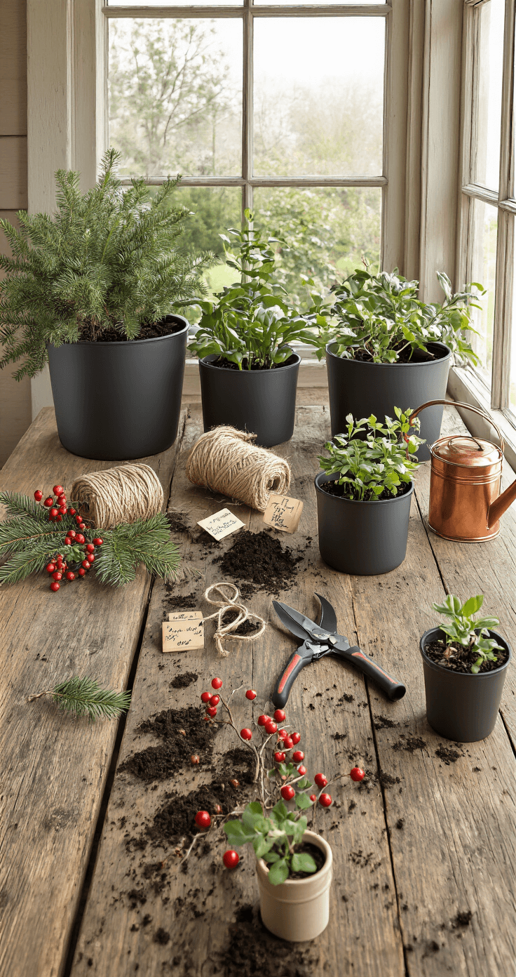 Professional flat lay of container gardening materials on reclaimed barn wood, featuring matte black and natural clay planters, pruning shears, twine, pine branches, berry stems, and small potted plants. The neutral color scheme includes ivory, sage, charcoal, and natural wood tones, with scattered soil, vintage plant markers, and a copper watering can. The scene is illuminated by natural daylight, creating a clean and minimal aesthetic.