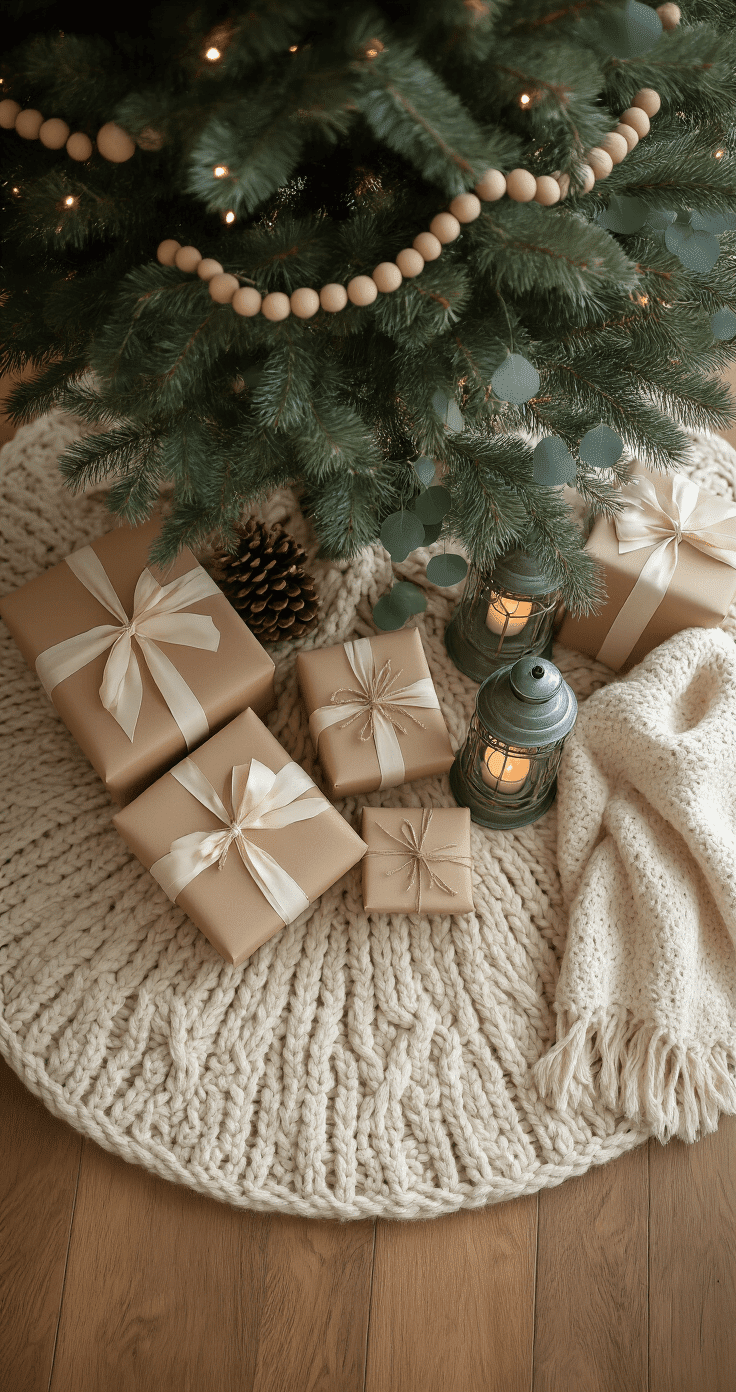 Overhead view of a Christmas tree base with a chunky oatmeal cable-knit skirt, artfully arranged wrapped gifts in natural kraft paper and cream ribbon, small galvanized lanterns with candles, scattered eucalyptus branches, a cozy cream throw blanket, and lower tree decorations of wood bead garlands and pinecones, set on warm honey-toned hardwood floors.