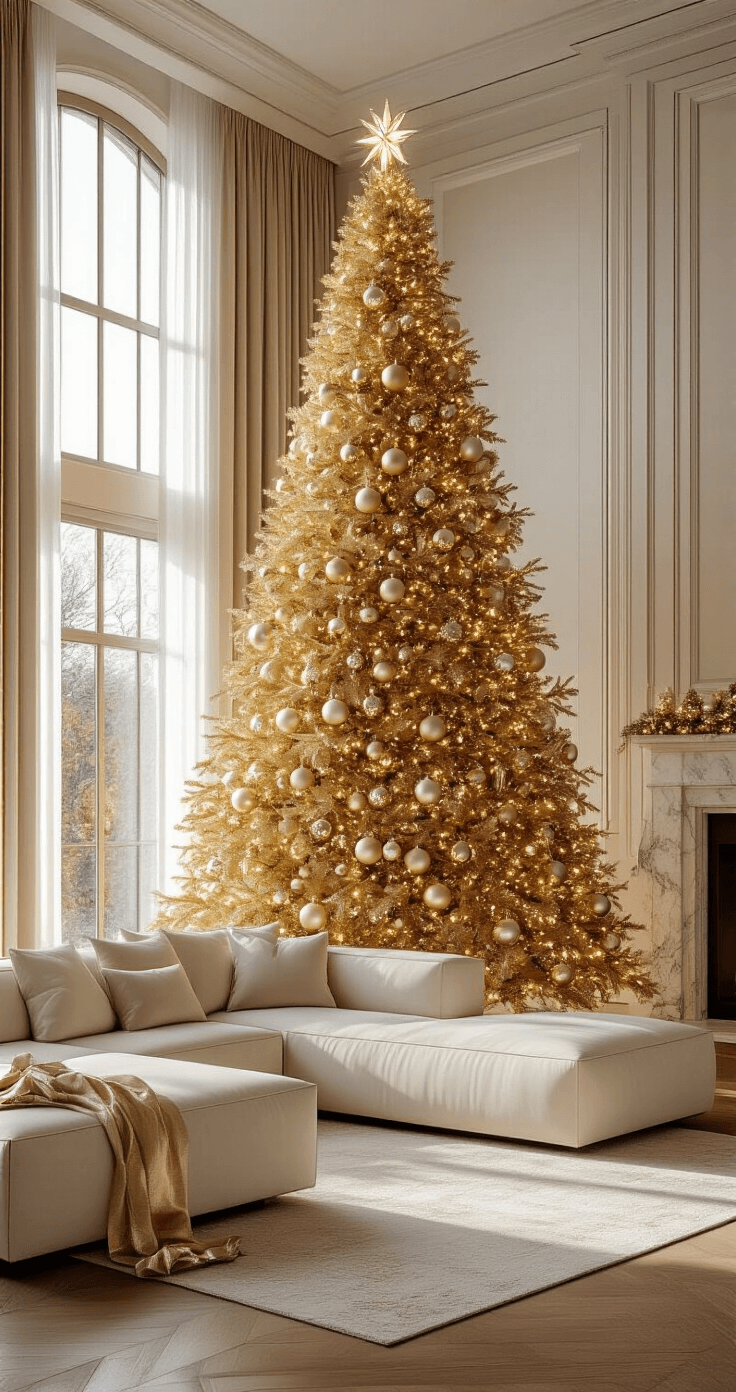 Luxurious living room featuring an 8-foot gold Christmas tree as a centerpiece, surrounded by a modern cream sectional sofa and a marble fireplace, with warm afternoon sunlight streaming through sheer curtains, creating an elegant holiday atmosphere.