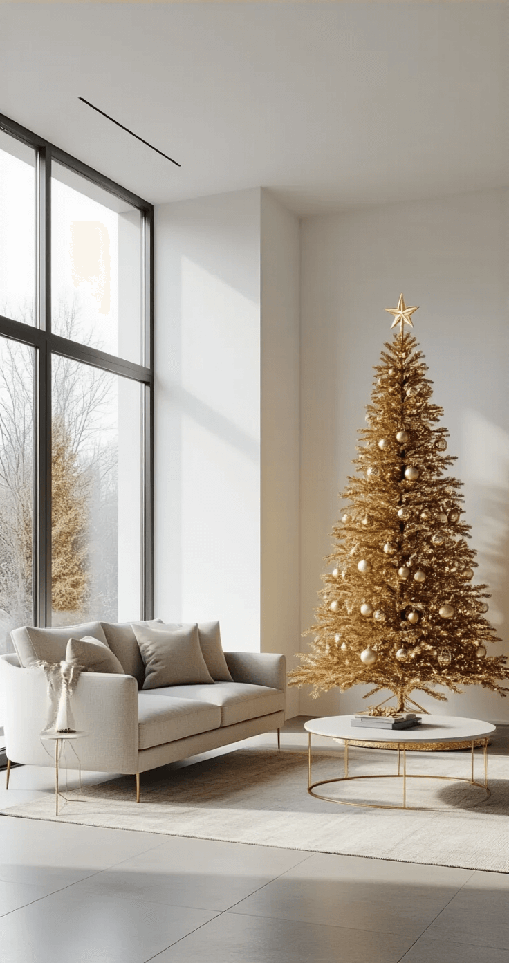 A modern minimalist living room with a sleek gold Christmas tree in the corner, featuring white walls and concrete floors. Abundant natural light from floor-to-ceiling windows highlights mid-century modern furniture and a Scandinavian-style coffee table, creating a zen-like atmosphere with elegant restraint.