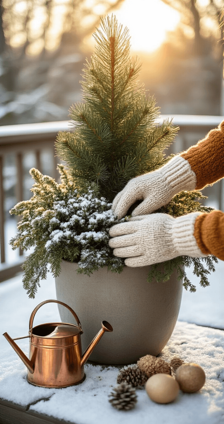 Hands in chunky knit gloves tend to a beautifully layered winter container on a snow-covered deck, with golden hour backlighting highlighting the arrangement of a tall pine in the center, medium boxwood, and trailing elements. A vintage copper watering can and scattered organic materials enhance the cozy winter vibe. Shot from behind at shoulder height, capturing the gardening action and container composition.