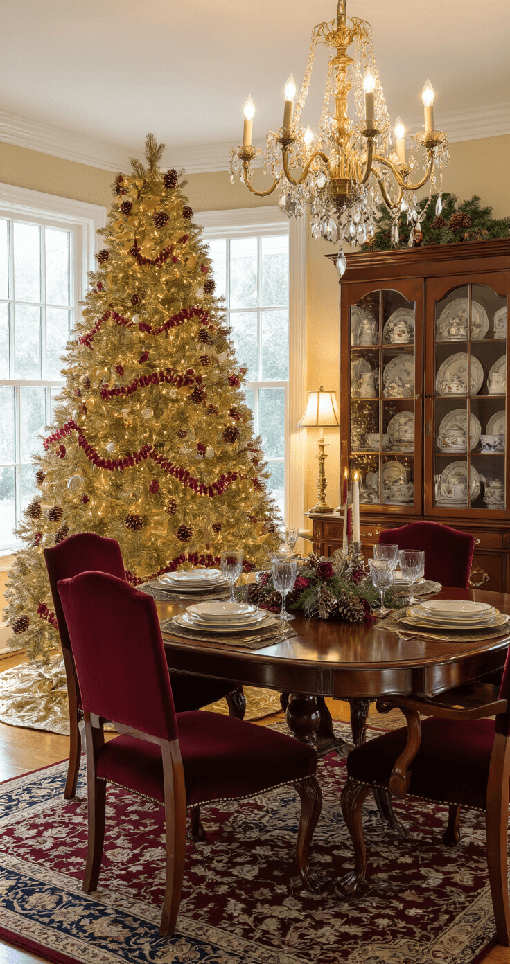 Traditional colonial dining room featuring a realistic gold PVC Christmas tree near a bay window, adorned with family heirloom ornaments and a champagne gold tree skirt, illuminated by warm evening lighting from a crystal chandelier. A rich mahogany table with deep burgundy velvet upholstered chairs is set for an intimate family gathering, complemented by a Persian area rug and a built-in china cabinet displaying holiday ceramics.