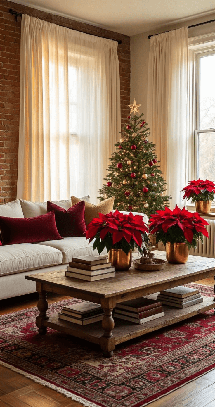 A cozy living room bathed in warm golden hour light, featuring a cream sofa with burgundy pillows, a rustic wooden coffee table adorned with classic red poinsettias, an exposed brick wall, and a vintage Persian rug, creating an inviting atmosphere for family gatherings during the Christmas season.