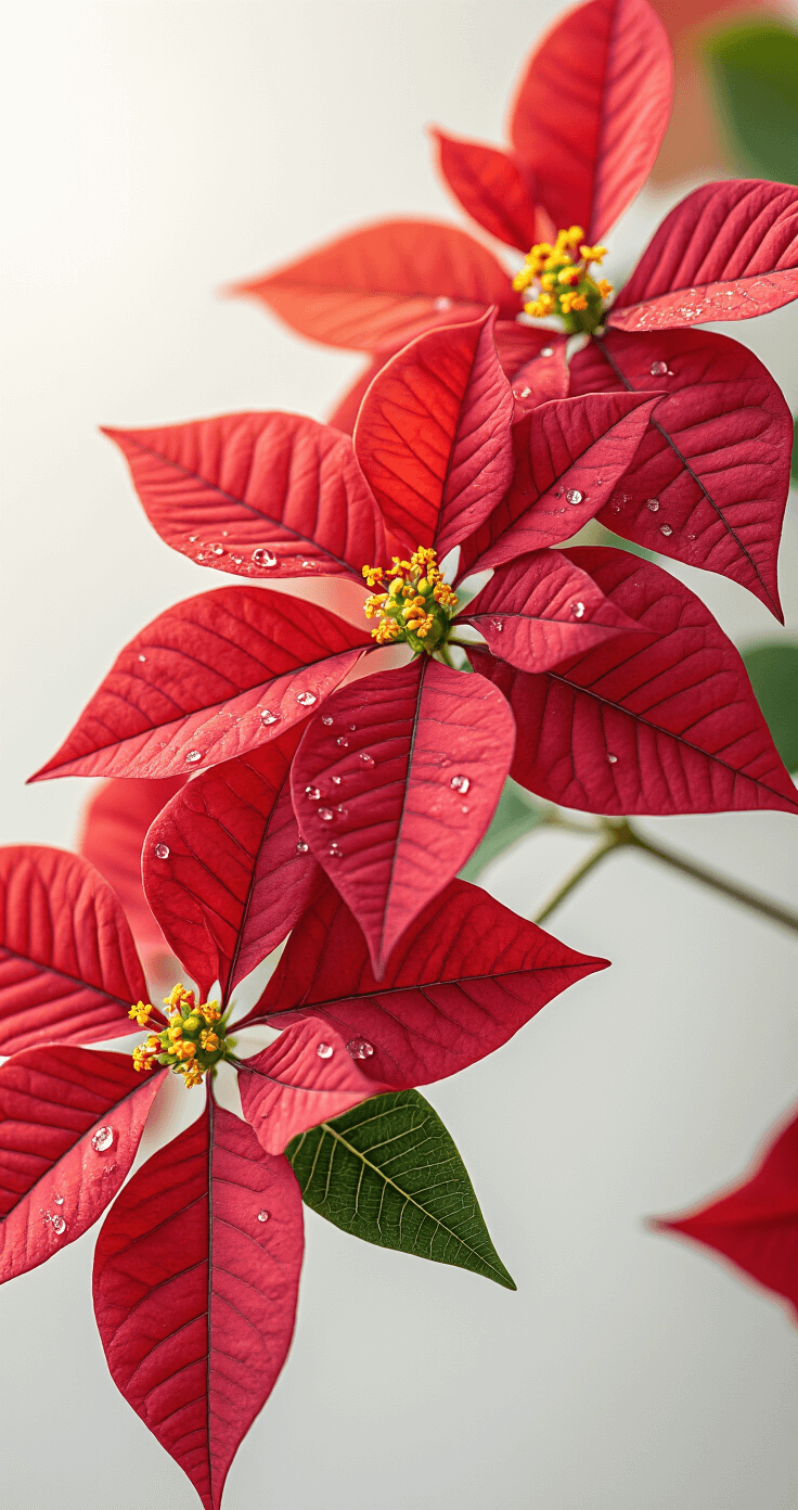 Close-up macro image of red poinsettia bracts with tiny yellow flowers, highlighting leaf textures, delicate veining, and dewdrops, set against a clean white background with soft morning light and a shallow depth of field.