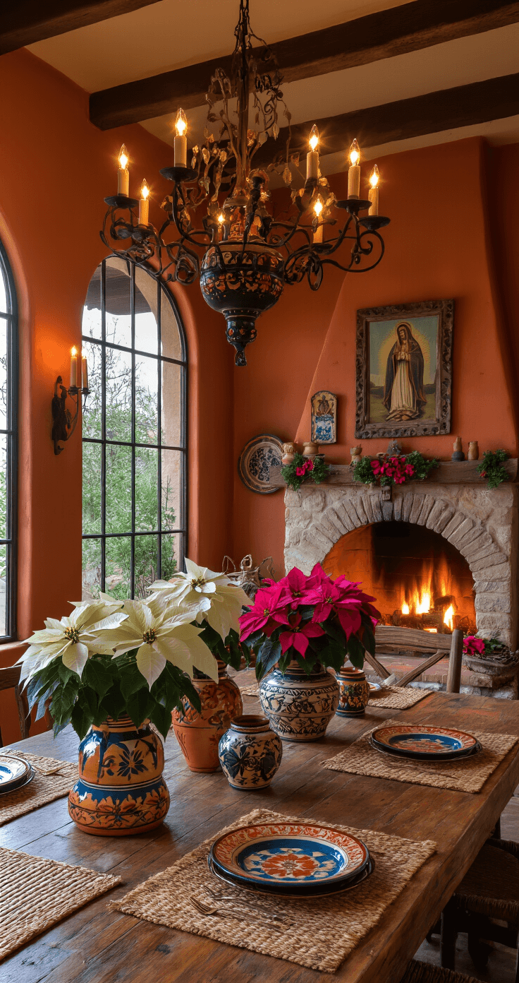 A rustic Mexican-inspired dining room at twilight, illuminated by candlelight, featuring terracotta walls, hand-painted ceramic vases with poinsettias, a distressed wood table, a wrought iron chandelier, colorful pottery, and a glowing stone fireplace adorned with vintage religious artwork.
