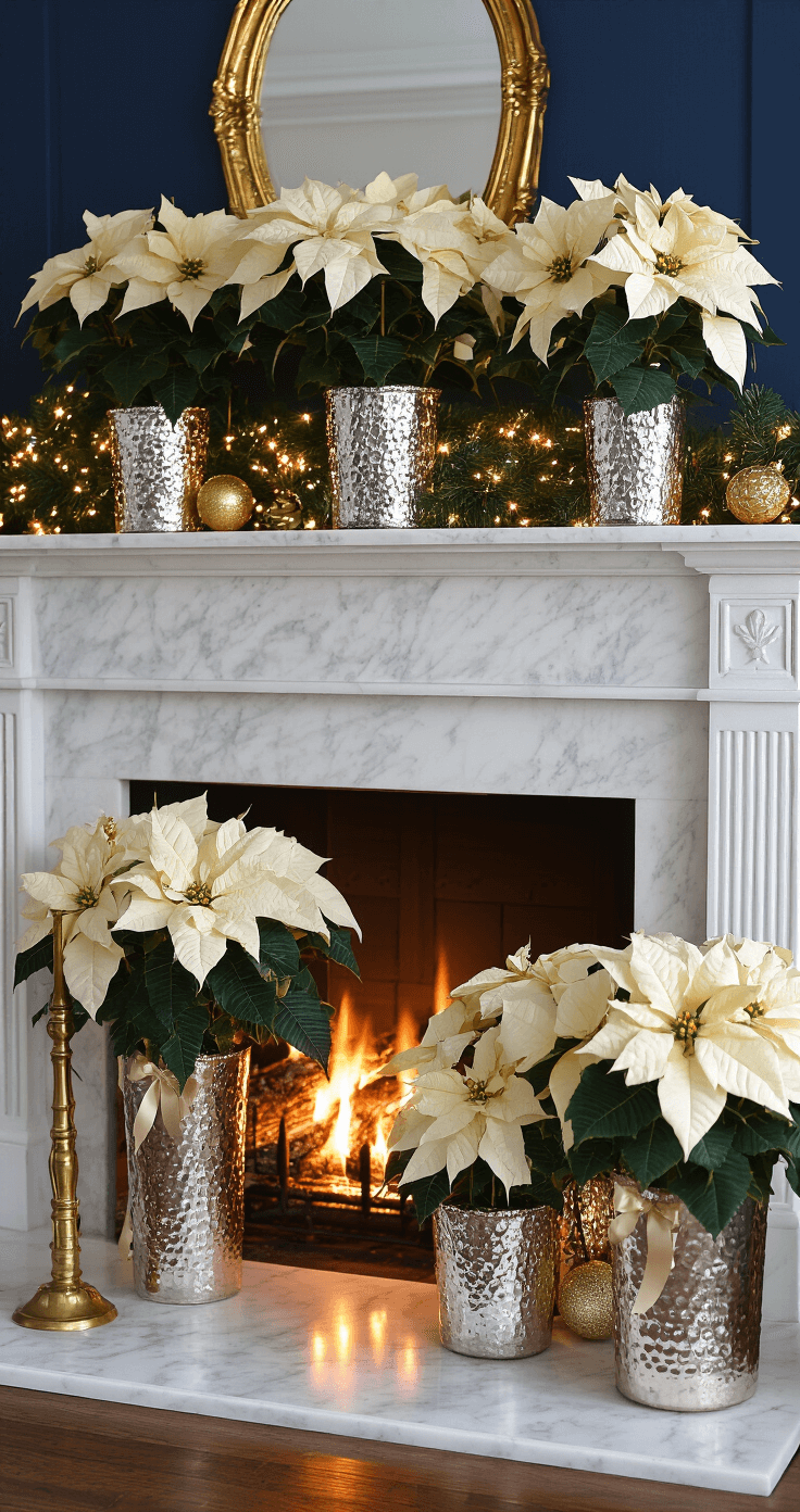 Elegant mantelpiece arrangement with white poinsettias in mercury glass, illuminated by warm firelight from a marble fireplace, featuring a garland with twinkling lights, brass candlesticks, and vintage ornaments, set against rich navy walls and gold-framed mirrors.