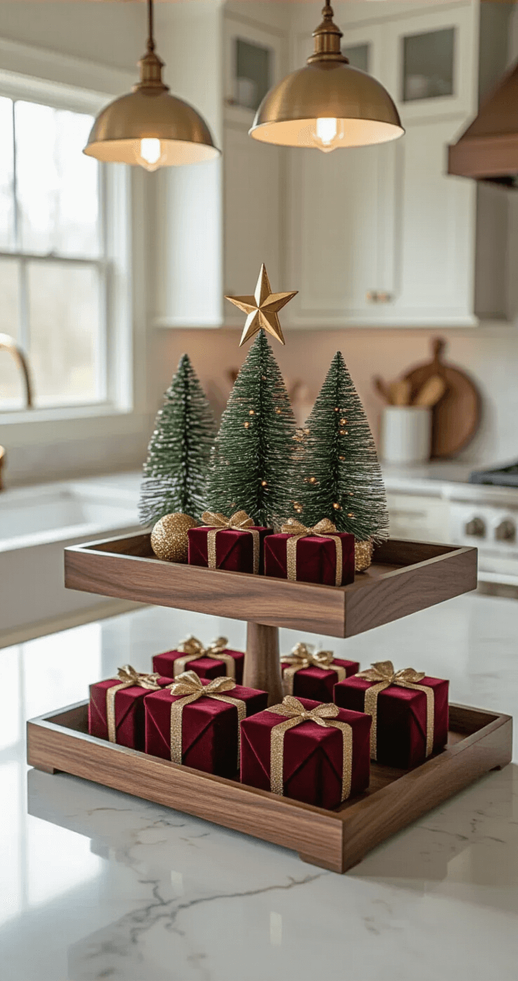 Elegant three-tier wooden tray Christmas display on a modern kitchen island, featuring burgundy velvet wrapped presents, a small evergreen tree with gold ornaments, and a vintage brass star, all softly illuminated by morning light from pendant fixtures, with a marble countertop reflecting warm light.