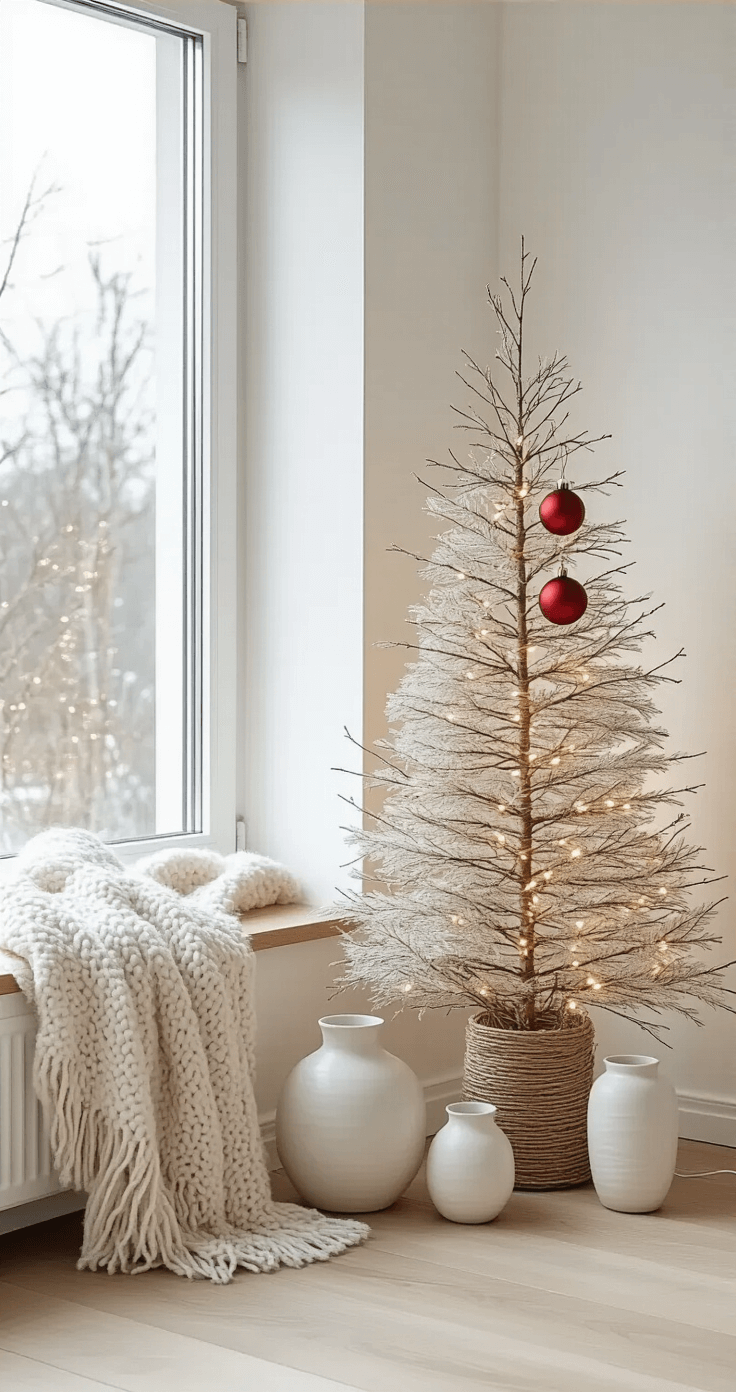 Scandinavian minimalist living room corner featuring a DIY branch bundle Christmas tree, natural daylight lighting, blonde wood floors, white walls, and a serene Nordic atmosphere.
