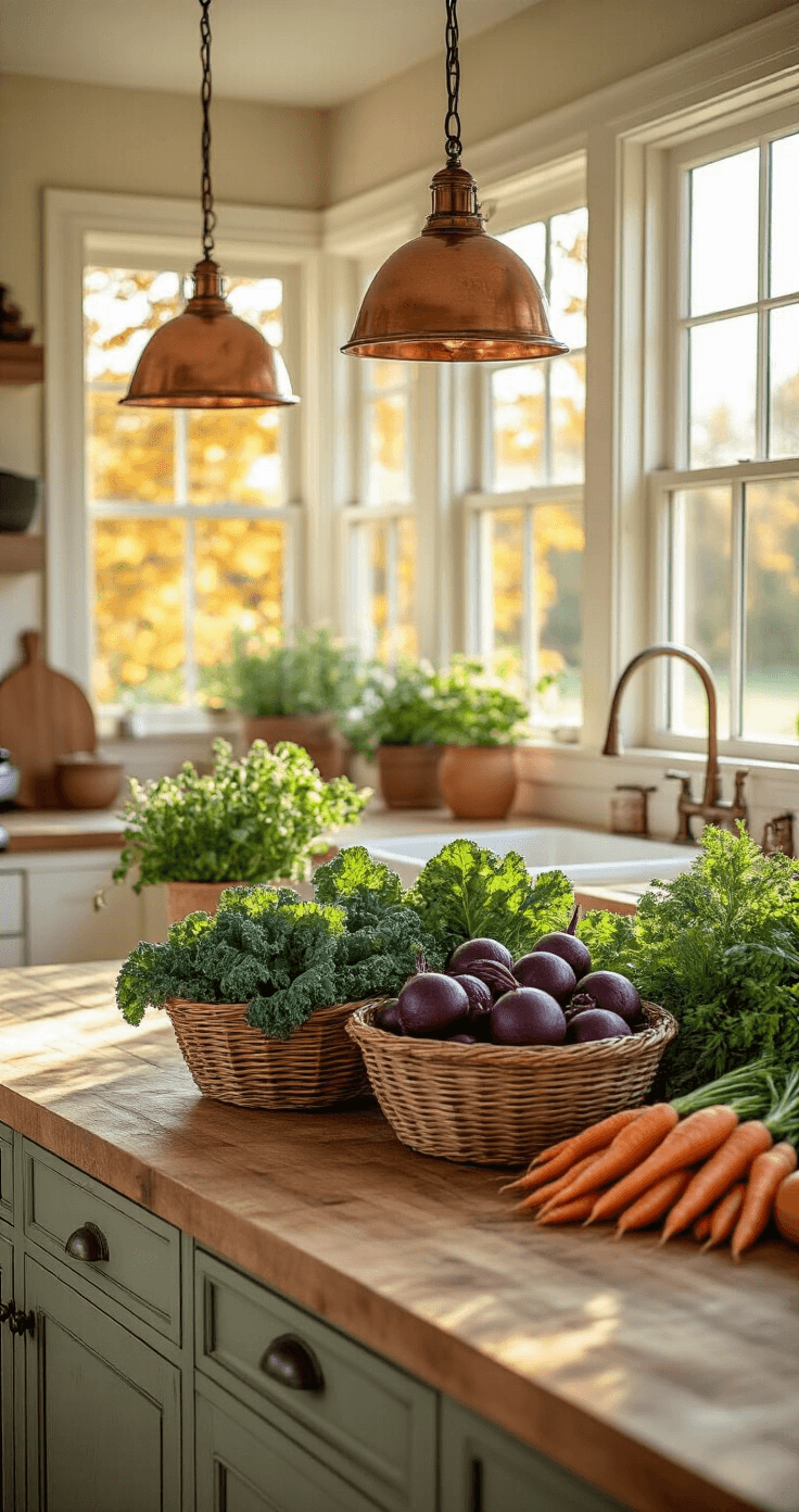 Spacious farmhouse kitchen with golden hour light, featuring a rustic wooden island adorned with fresh fall vegetables in woven baskets, cream cabinets, butcher block counters, and warm terracotta and sage green accents.