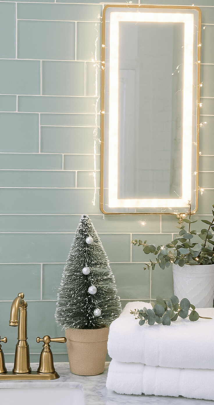 Intimate bathroom vanity with a miniature Christmas tree on marble countertop, soft LED mirror lighting, sage green subway tiles, potted evergreen with silver baubles, brass fixtures, white towels, waterproof fairy lights in the mirror, and fresh eucalyptus sprigs, creating a festive atmosphere.