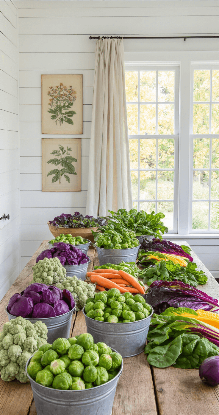 A bright conservatory dining room with soft morning light, featuring a long reclaimed wood table adorned with an abundant fall vegetable harvest, including Brussels sprouts on stems, purple cauliflower, and rainbow Swiss chard in galvanized buckets, against a backdrop of white shiplap walls and vintage botanical prints, captured from an overhead angle.