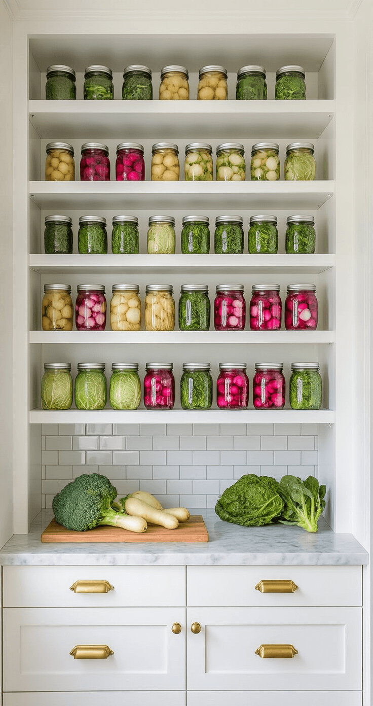 An elegant kitchen pantry featuring floor-to-ceiling white shelves filled with mason jars of preserved fall vegetables, including pickled radishes and fermented cabbage, alongside dried herbs. A marble countertop holds fresh broccoli and turnips, complemented by brass hardware and a subway tile backsplash, all bathed in clean, bright lighting.