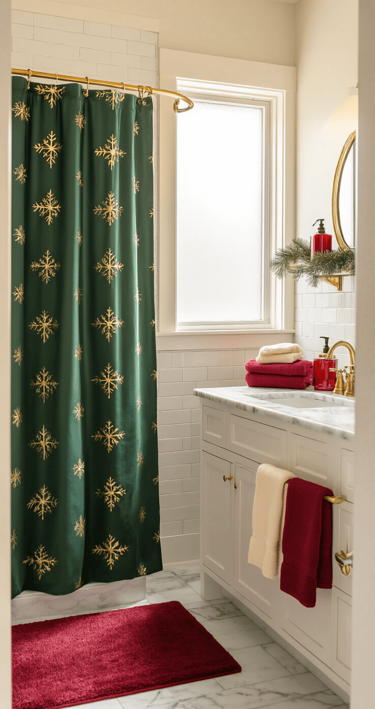 Photorealistic powder room view from the doorway, featuring warm white walls, a forest green shower curtain with gold snowflakes, burgundy bath mat, marble vanity with brass fixtures, and festive red hand towels. Natural golden light filters through a frosted window, casting soft shadows and creating a cozy atmosphere reminiscent of Christmas morning. Pine-scented candles and a holiday soap dispenser add a festive touch.