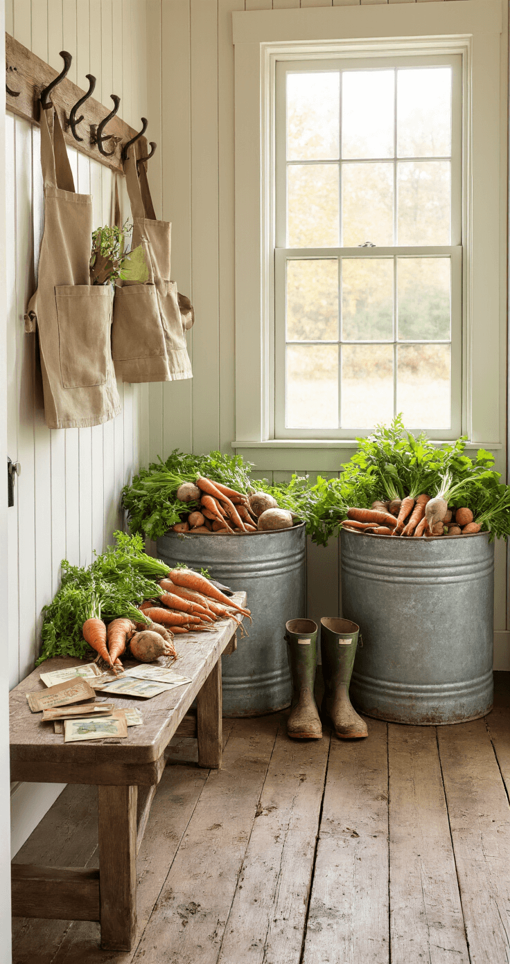 A cozy rustic mudroom bathed in warm late afternoon light, featuring wooden benches alongside galvanized tubs filled with freshly harvested root vegetables. Muddy boots and gardening gloves are scattered on weathered wood floors, while vintage seed packets lie nearby. Beadboard wainscoting and hooks displaying canvas aprons complete the authentic gardening ambiance.
