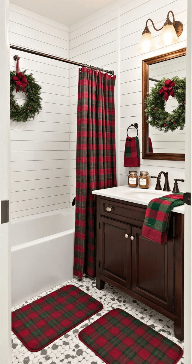 Elegant guest bathroom featuring white shiplap walls and dark wood vanity, adorned with classic red and green plaid shower curtain and matching bath mat. Decorated with Christmas wreaths on the mirror, gold accents, mason jar soap dispensers with holiday labels, and cinnamon candles, all bathed in warm afternoon natural light. Captured from a three-quarter angle, highlighting its rich traditional atmosphere and magazine-worthy styling.