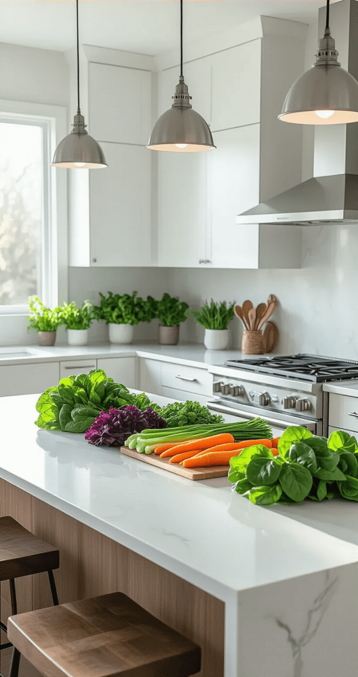 Modern kitchen prep area bathed in bright morning light, featuring a sleek quartz island filled with an array of fresh leafy greens like spinach, kale, and lettuce, surrounded by minimalist white cabinets and stainless appliances, with pendant lighting illuminating the clean lines and vibrant colors of the vegetables.