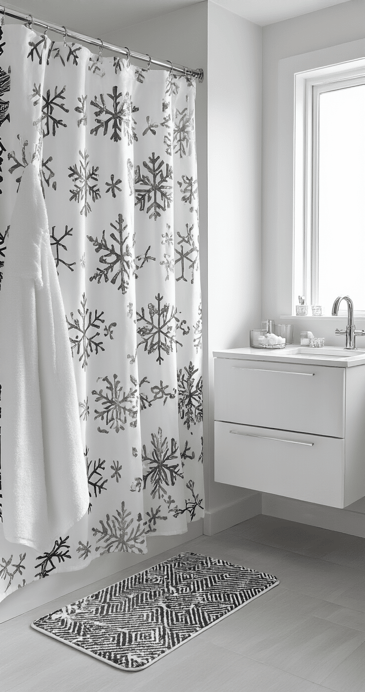 A modern minimalist bathroom featuring a sleek black and white Christmas shower curtain with silver snowflakes, a matching geometric bath mat, a floating white vanity with chrome fixtures, and metallic silver accessories. The space is lit by bright morning light, showcasing white towels with subtle holiday ribbon accents, battery-operated candles in glass holders, and eucalyptus scent elements, all arranged with clean lines and uncluttered surfaces, in a symmetrical layout.