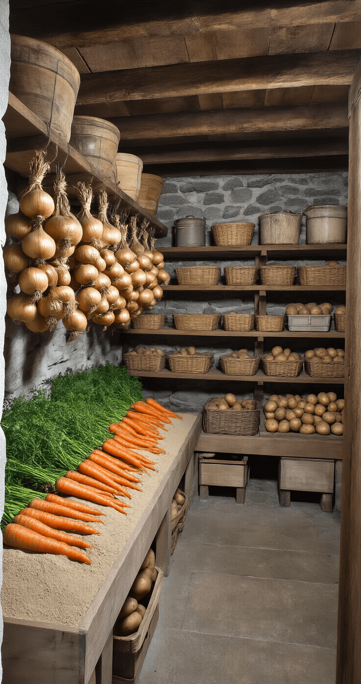 A traditional root cellar showcasing wooden shelves filled with fall harvest items like carrots in sand and hanging braided onions, against a backdrop of stone walls and exposed beams, illuminated by soft ambient lighting. Vintage preservation tools adorn the space, with cool grey tones contrasting with warm wood accents.