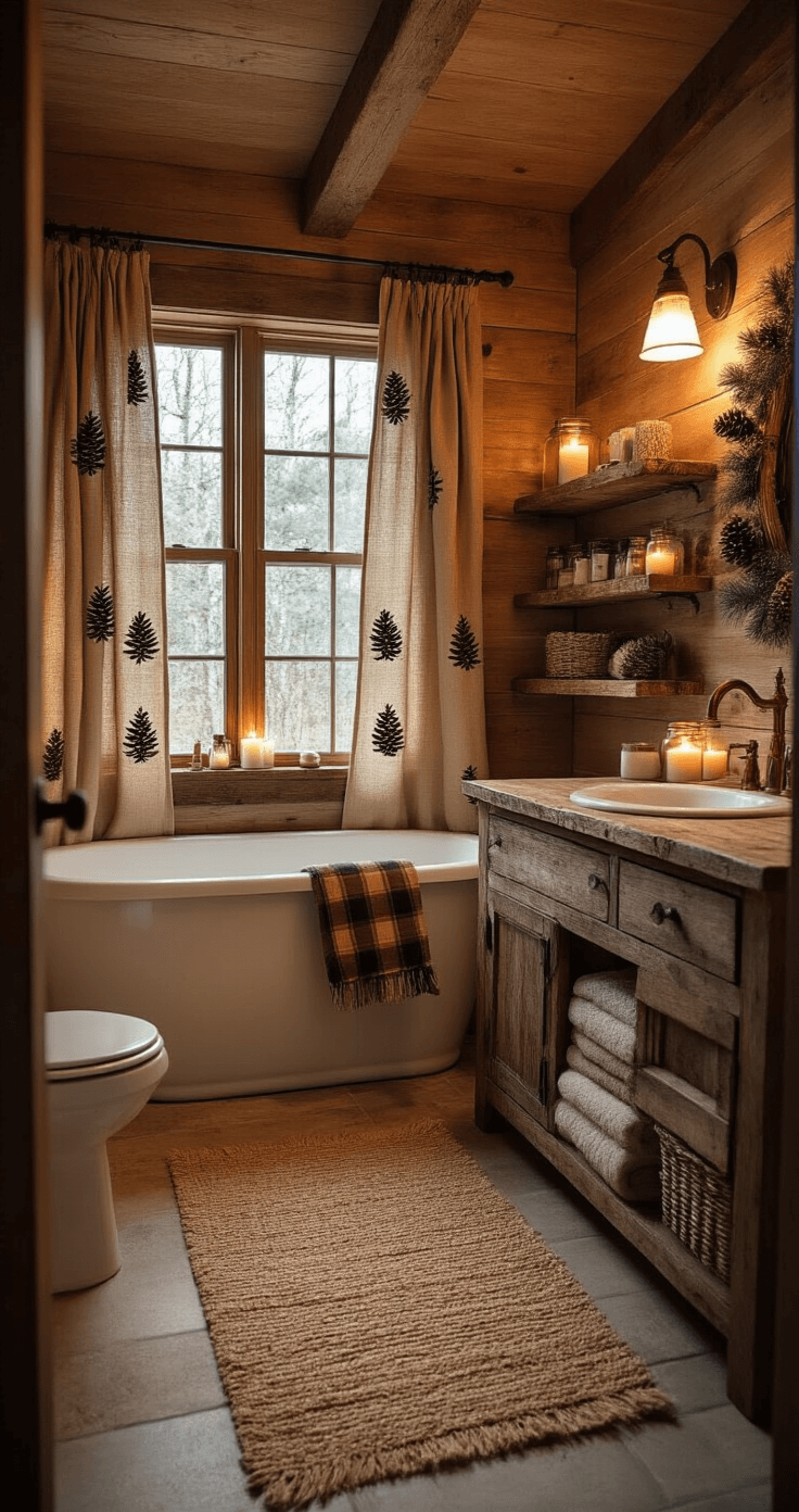 Cozy rustic bathroom with warm candlelight and soft overhead lighting, featuring burlap-textured Christmas curtains, reclaimed wood vanity, copper fixtures, plaid earth-toned towels, mason jar accessories, and real pinecone decorations. Low angle shot from floor level offers an intimate perspective, evoking a cabin-like warmth.